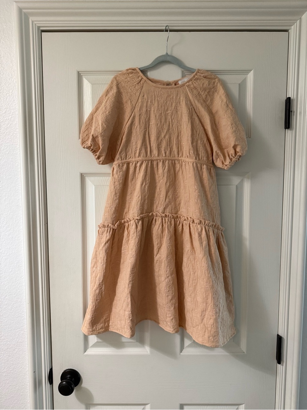 Zara Peach Puff-Sleeve Tiered Dress